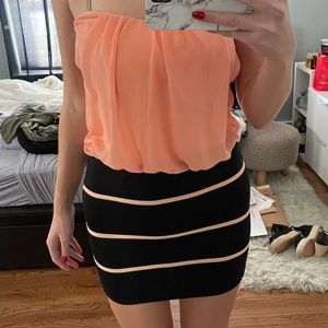 Black and salmon color strapless dress
